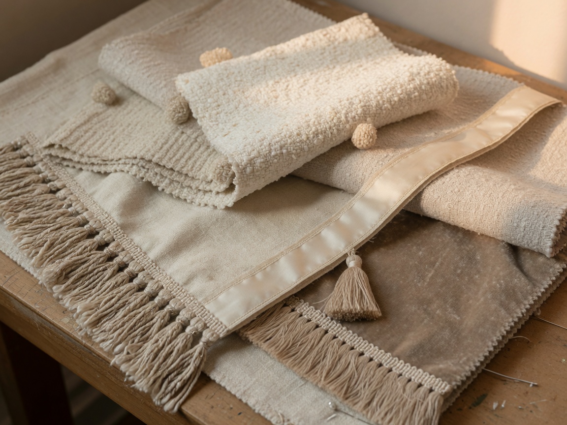Closeup of linen, bouclé, velvet fabrics and decorative trims in cream oat and taupe tones
