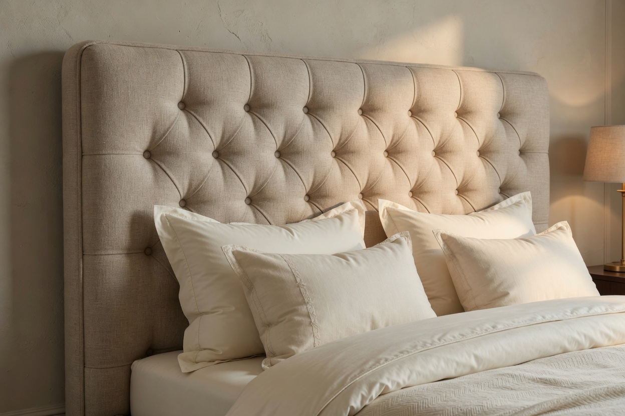 Custom upholstered headboard in taupe bouclé finished with matching bedroom soft goods
