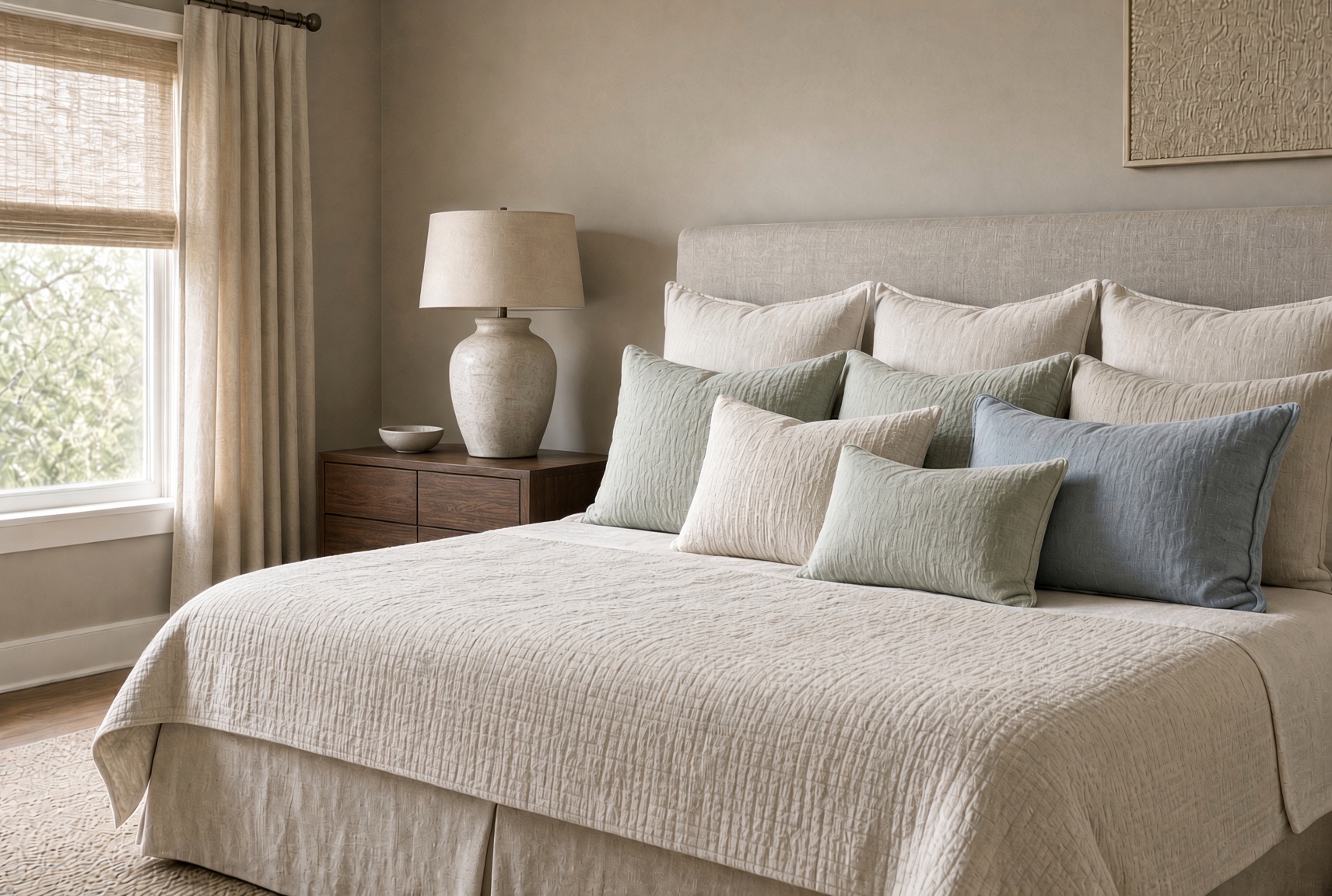 Custom bedding and pillows in a coordinated bedroom palette