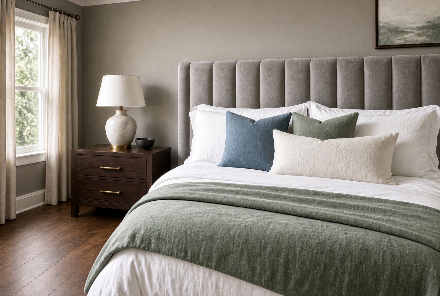 Custom upholstered headboard in a calm bedroom