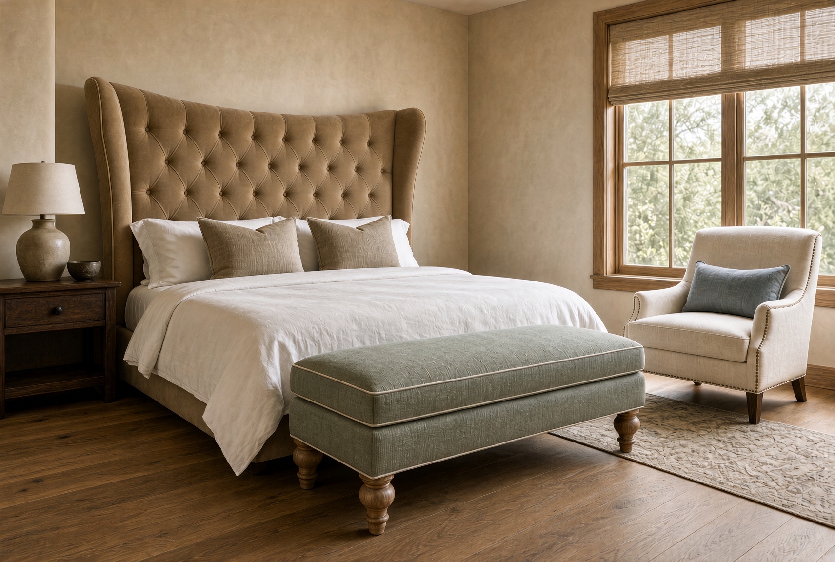 Bedroom bench recovered to match the bed palette