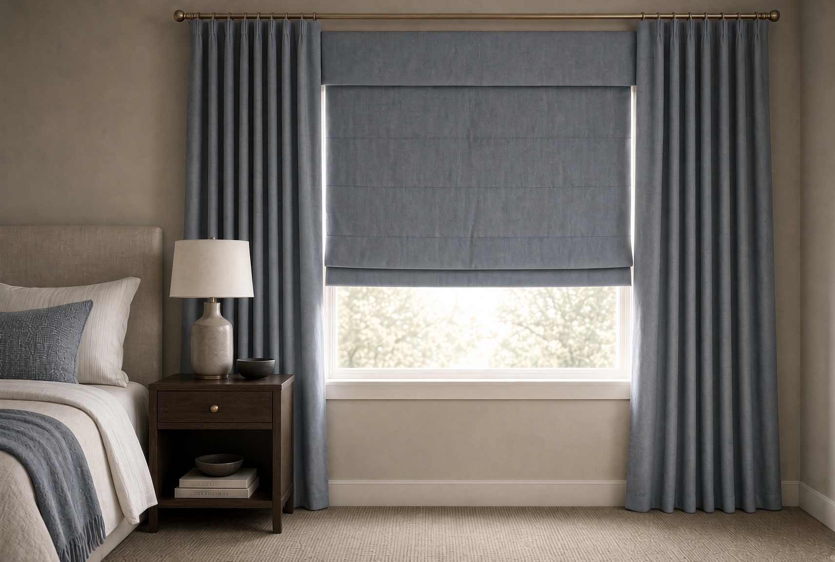 Bedroom window with layered drapery and a quiet fabric shade