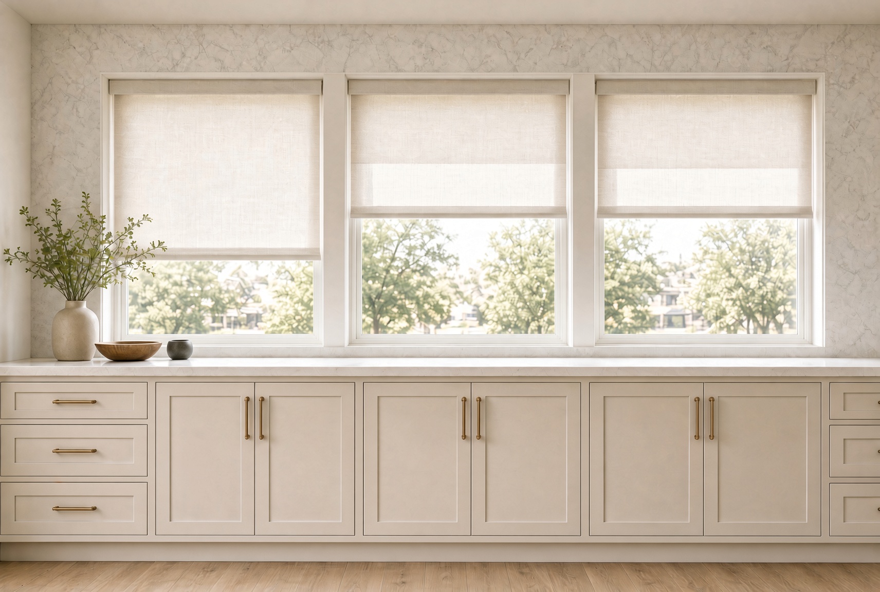 Roman shades with a fabric valance in a sitting room