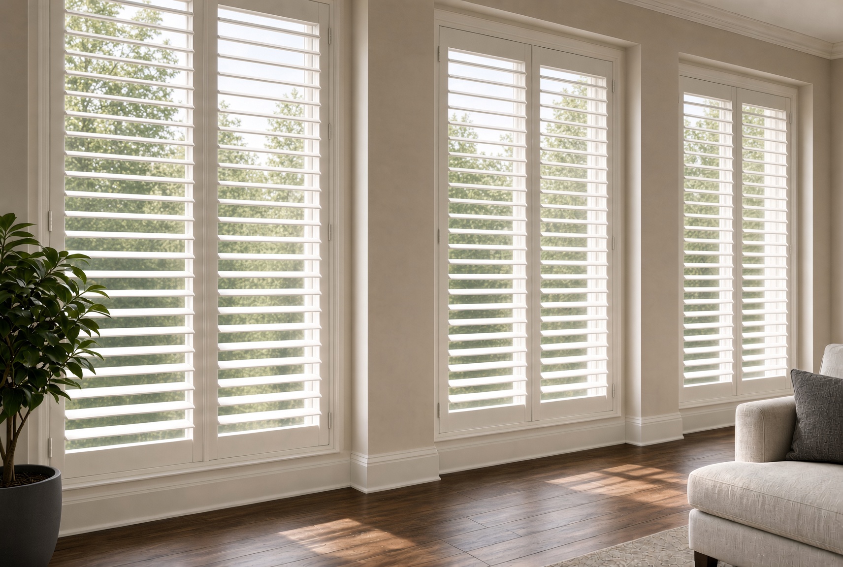 Plantation shutters on tall living room glass
