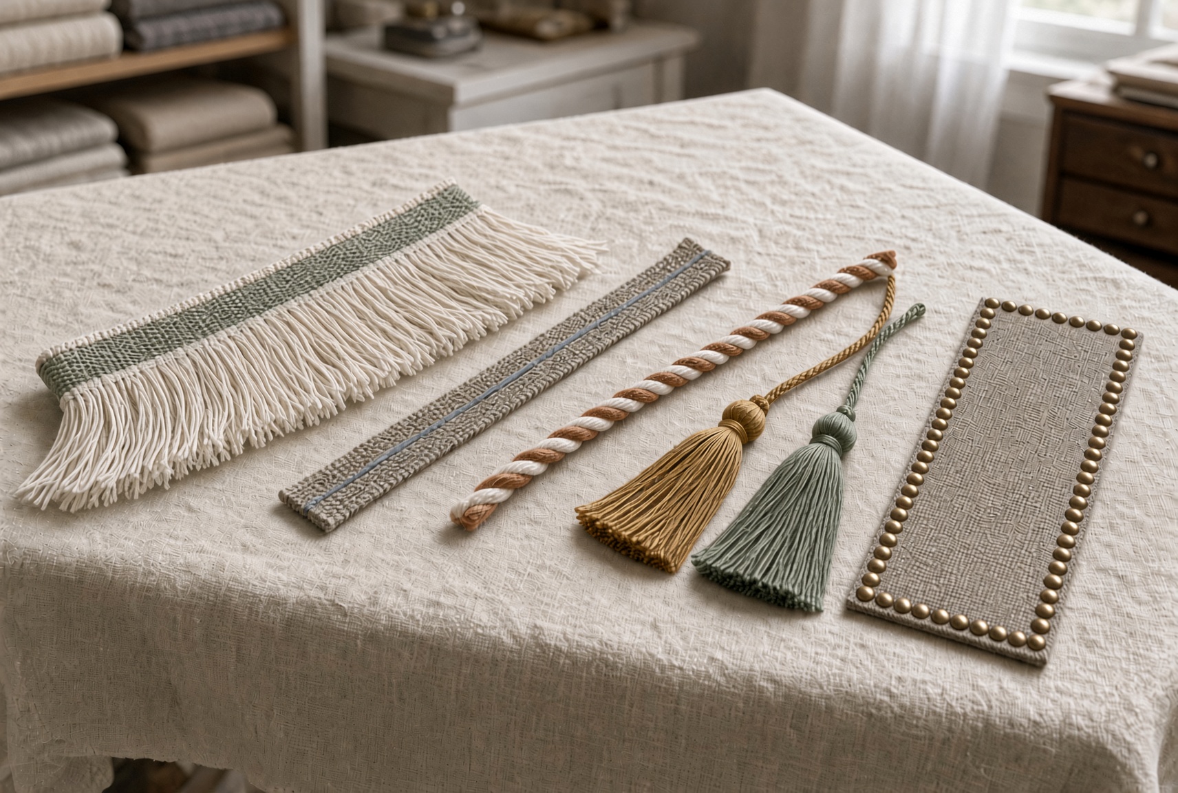 Decorative fringe and tape trims for custom soft goods