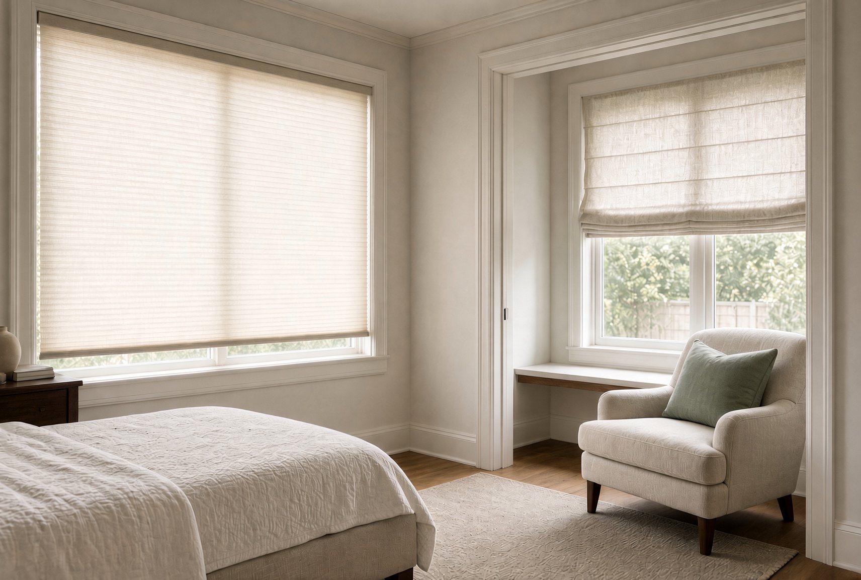Soft fabric shades with even folds in a bedroom