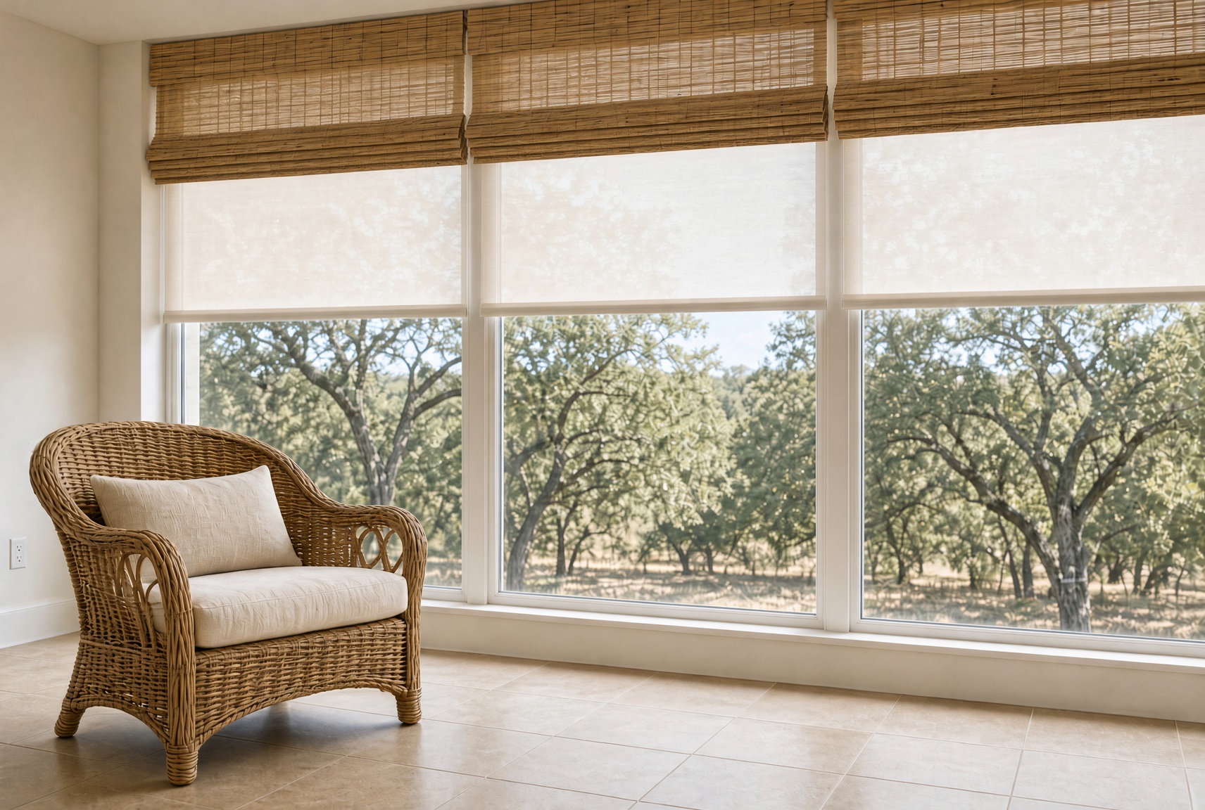 Natural woven wood shade in a sunlit room