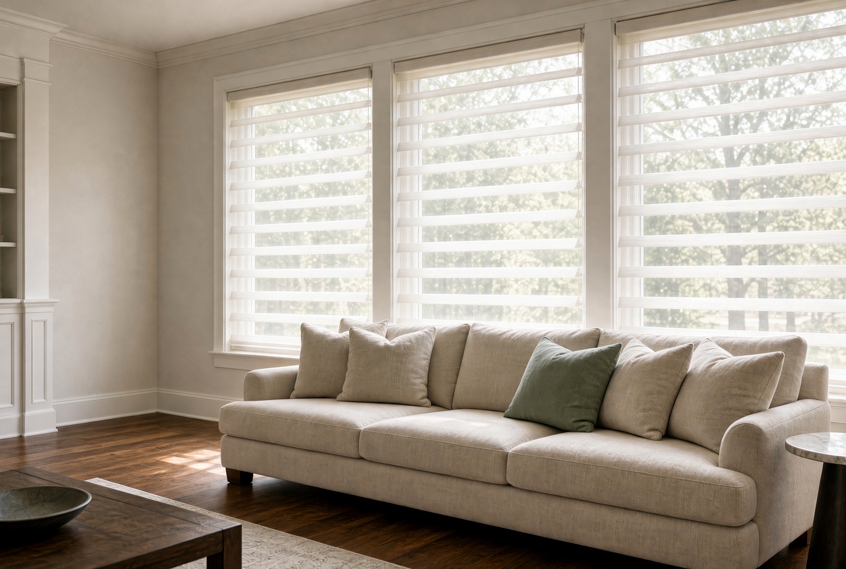Sheer window shadings filtering daylight in a living room