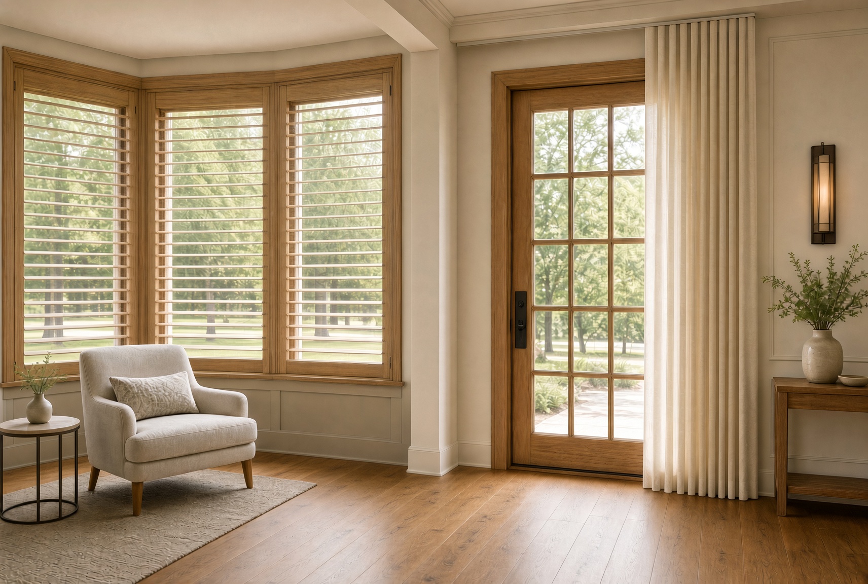 Interior shutters and blinds on a wide living room window