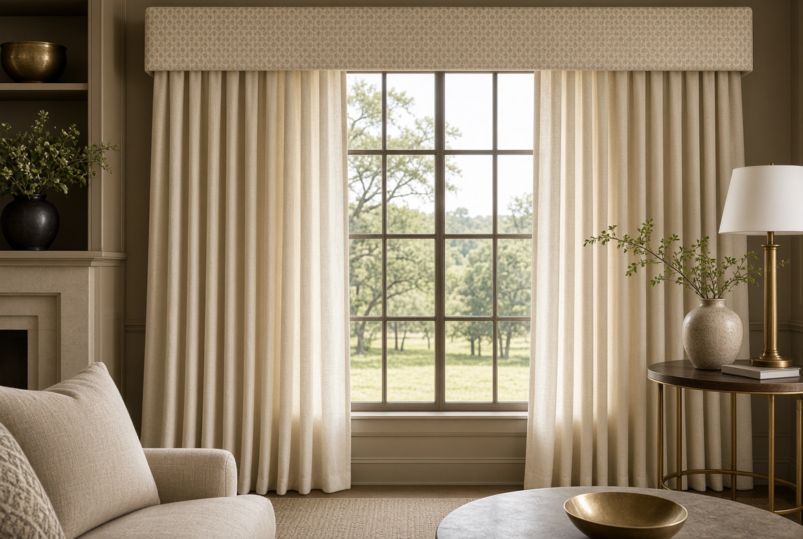 Boxed fabric cornice over dining room drapery
