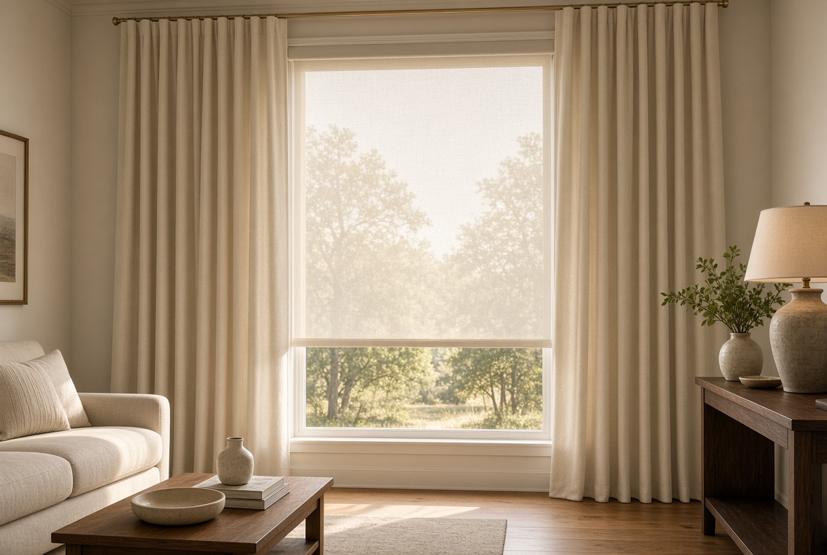 Layered drapery and hard treatments on a Frisco living room window